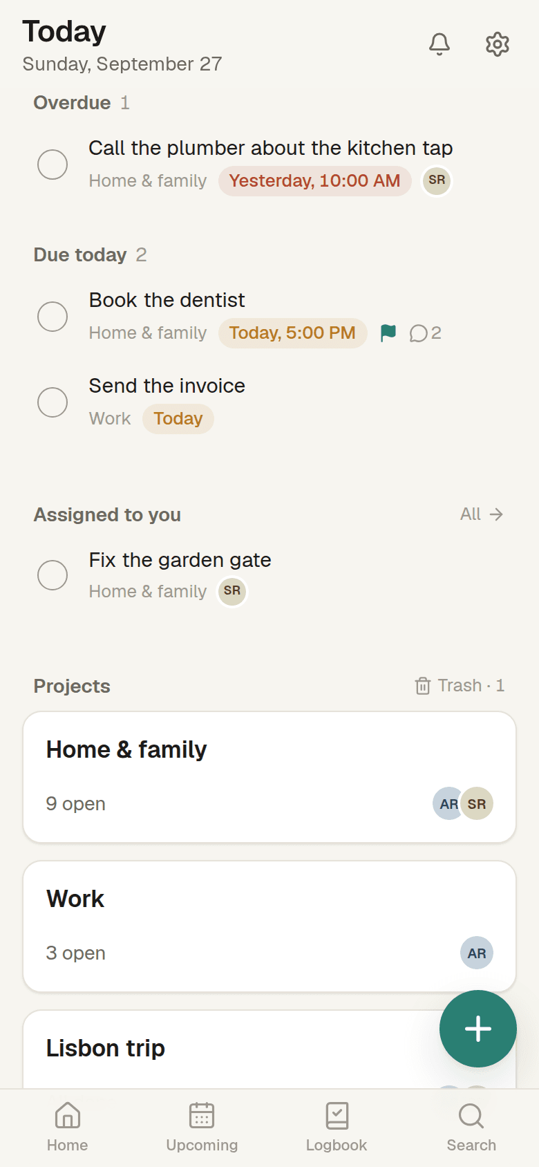 Today on a phone: overdue and due-today items across projects, then the project cards.